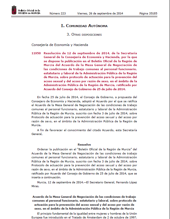 Acuerdo condiciones de trabajo del personal de la Admón Reg. en caso de VG